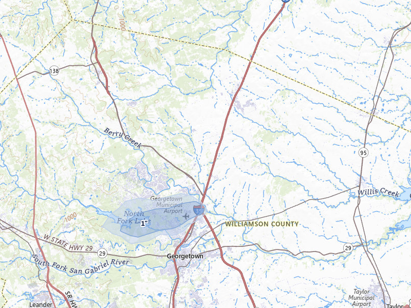 NEXRAD radar-signature map of the hail storm over Georgetown, TX on May 25, 2026