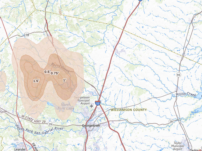 Radar-estimated hail-size map of the storm over Georgetown, TX on May 26, 2026