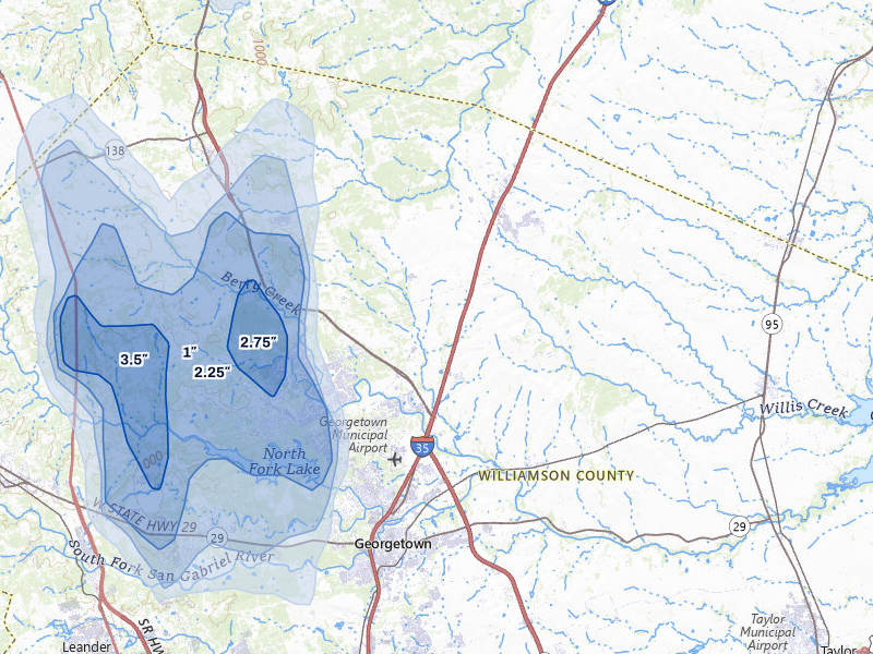 NEXRAD radar-signature map of the hail over Georgetown, TX