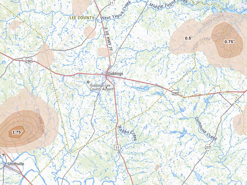 Radar-estimated hail-size map of the storm over Giddings, TX on May 10, 2026