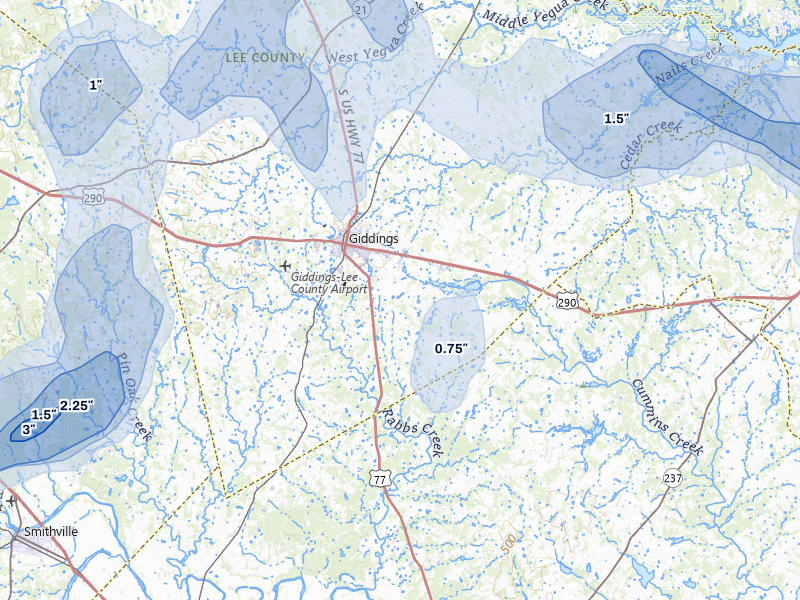 NEXRAD radar-signature map of the hail storm over Giddings, TX on May 10, 2026
