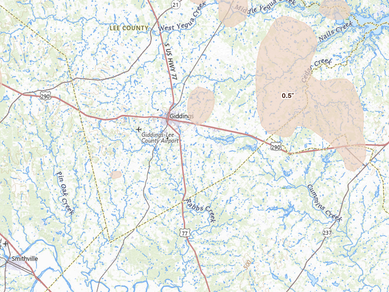 Radar-estimated hail-size map of the storm over Giddings, TX on May 19, 2026