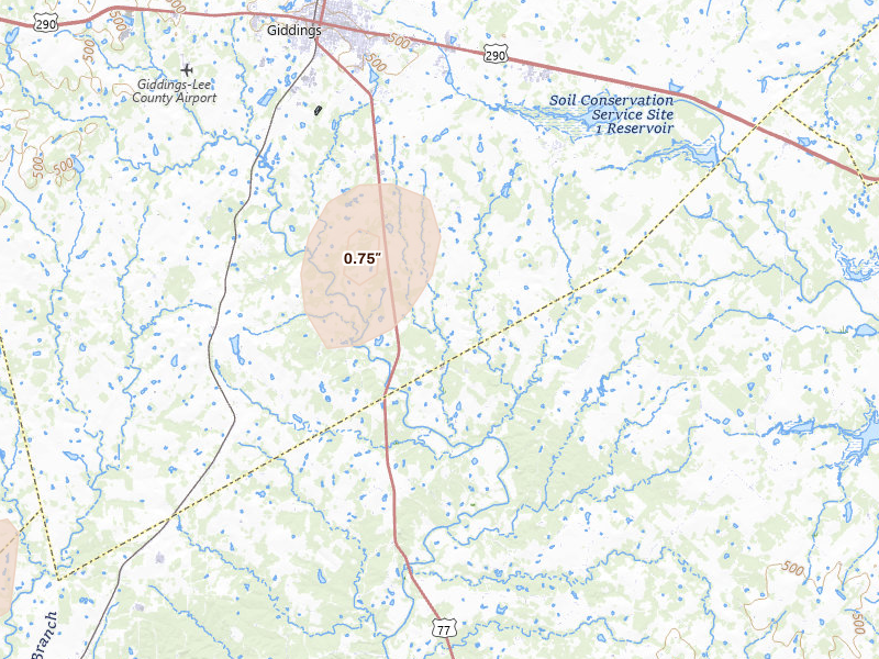 Radar-estimated hail-size map of the storm over Giddings, TX on Aug 27, 2026