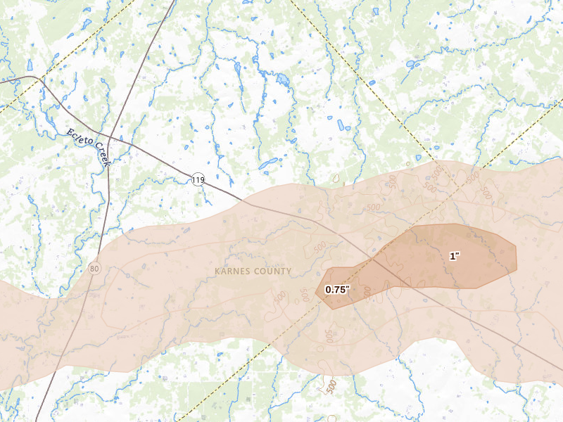 Radar-estimated hail-size map of the storm over Gillett, TX