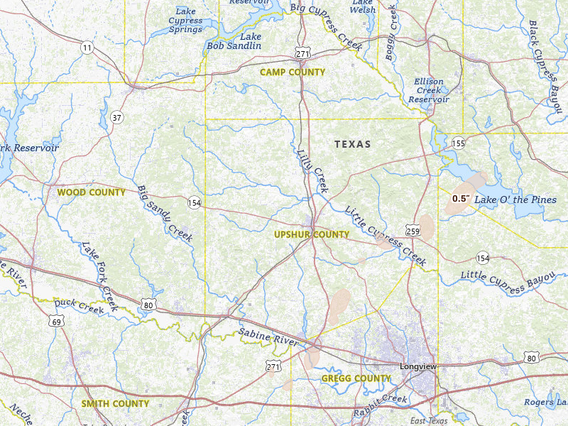 Radar-estimated hail-size map of the storm over Gilmer, TX on Mar 6, 2026