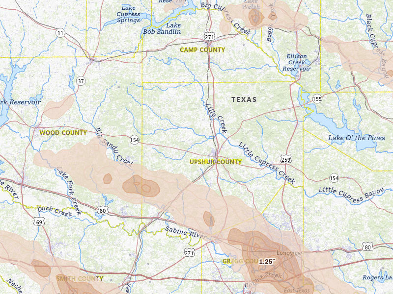 Radar-estimated hail-size map of the storm over Gilmer, TX on Mar 15, 2026