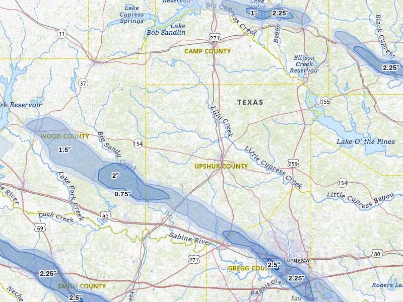 NEXRAD radar-signature map of the hail over Gilmer, TX