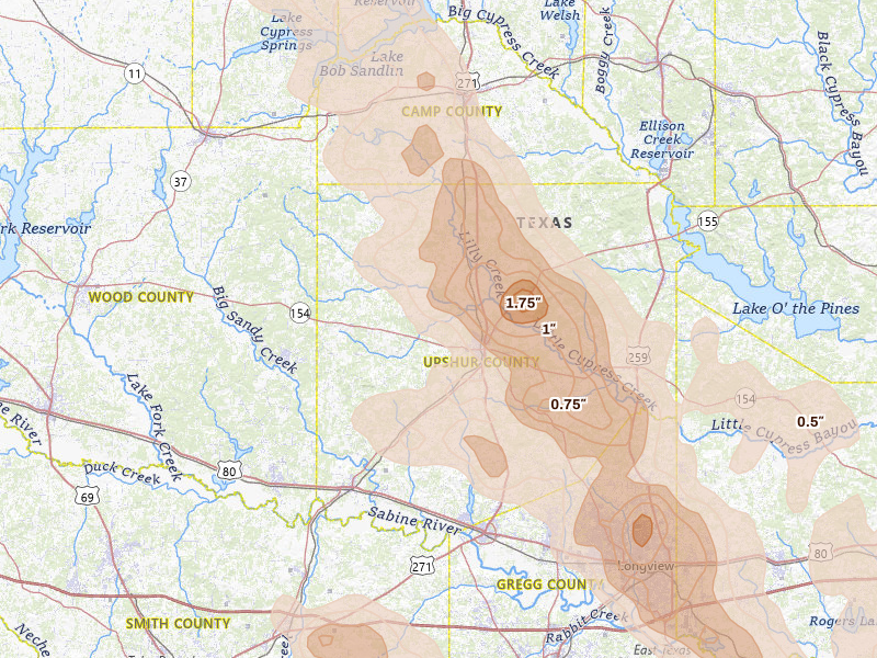 Radar-estimated hail-size map of the storm over Gilmer, TX on Apr 24, 2026