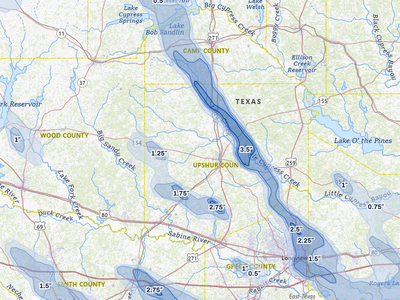 NEXRAD radar-signature map of the hail over Gilmer, TX