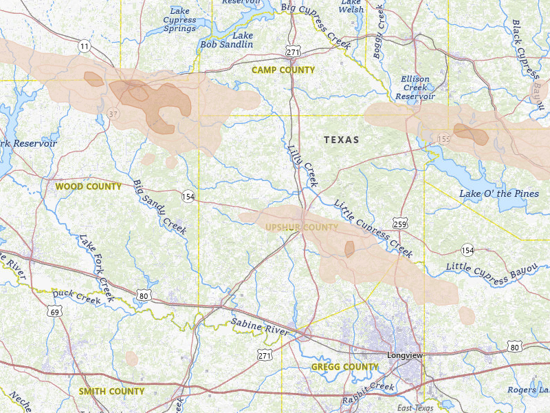 Radar-estimated hail-size map of the storm over Gilmer, TX on Apr 29, 2026