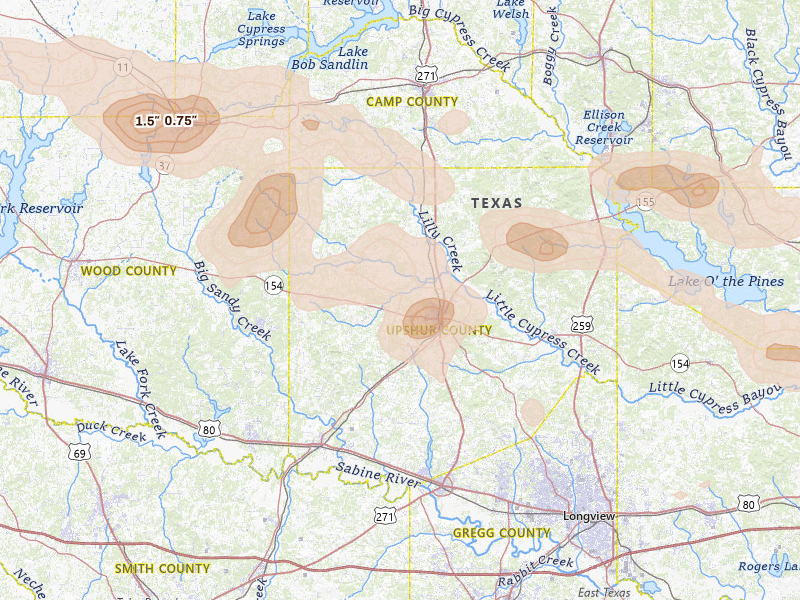 Radar-estimated hail-size map of the storm over Gilmer, TX on May 8, 2026
