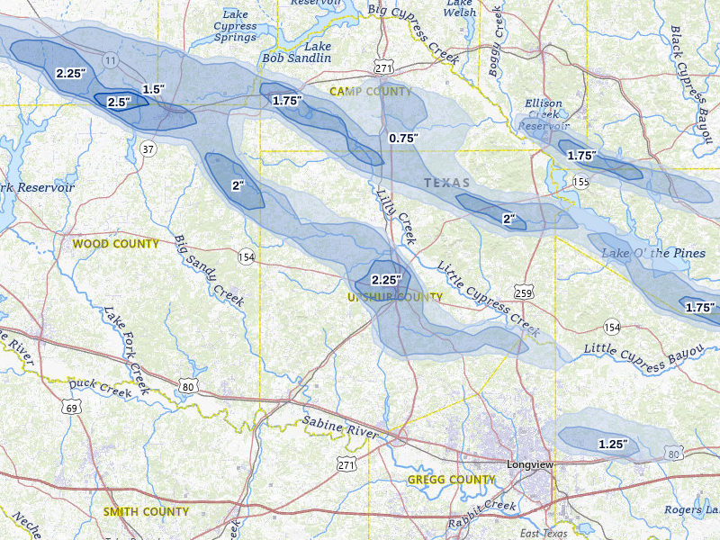 NEXRAD radar-signature map of the hail storm over Gilmer, TX on May 8, 2026