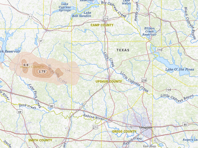 Radar-estimated hail-size map of the storm over Gilmer, TX on May 10, 2026