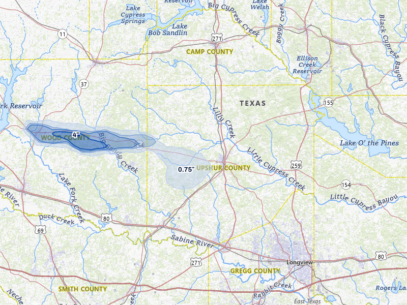 NEXRAD radar-signature map of the hail storm over Gilmer, TX on May 10, 2026