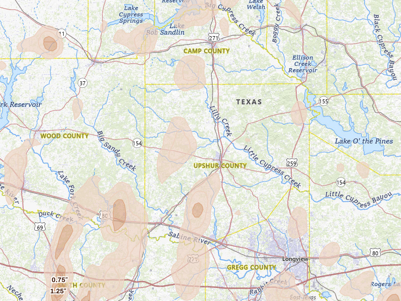 Radar-estimated hail-size map of the storm over Gilmer, TX on May 22, 2026