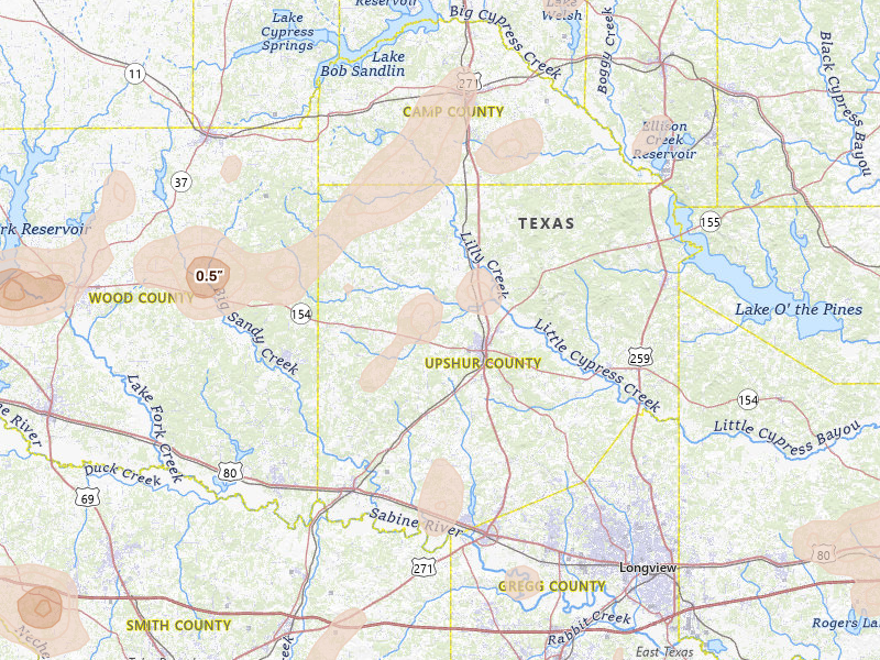 Radar-estimated hail-size map of the storm over Gilmer, TX on Jun 2, 2026