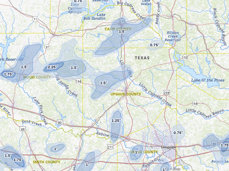 NEXRAD radar-signature map of the hail over Gilmer, TX