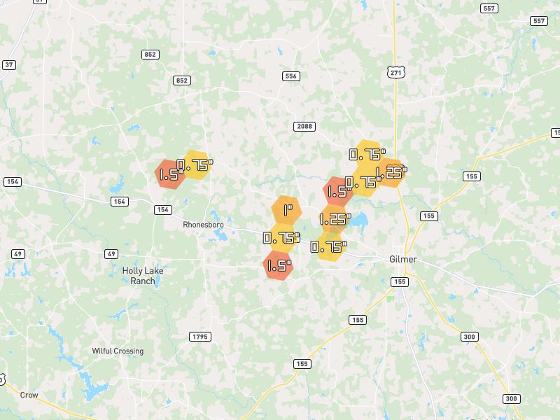 Hail map of Gilmer, TX on Jun 2, 2026, hail up to 1.5"