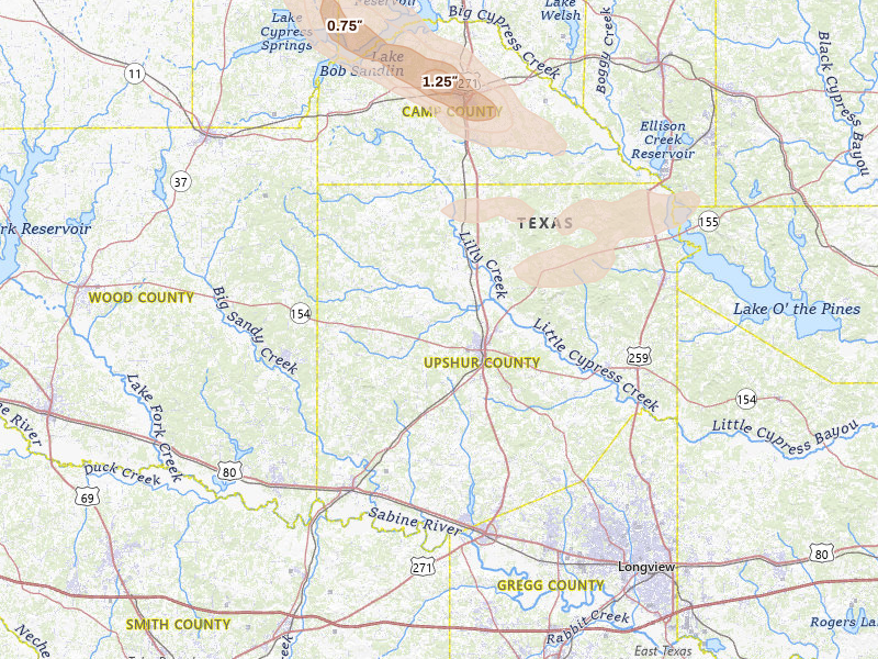 Radar-estimated hail-size map of the storm over Gilmer, TX on Jun 23, 2026
