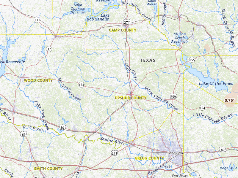Radar-estimated hail-size map of the storm over Gilmer, TX on Jul 4, 2026
