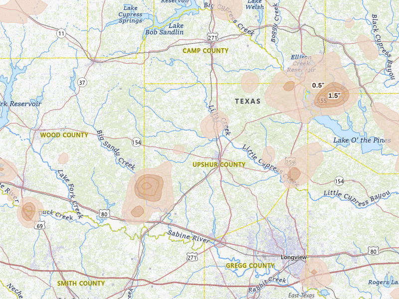 Radar-estimated hail-size map of the storm over Gilmer, TX on Jul 6, 2026