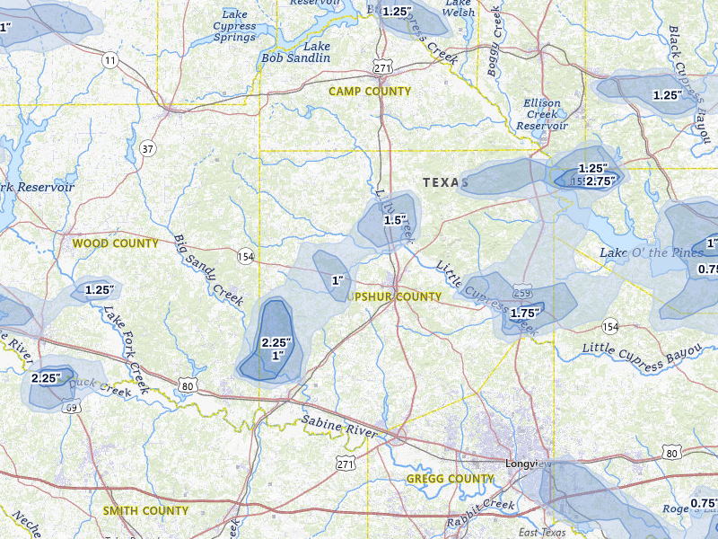 NEXRAD radar-signature map of the hail storm over Gilmer, TX on Jul 6, 2026