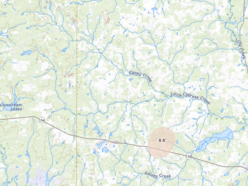 Radar-estimated hail-size map of the storm over Gilmer, TX on Aug 7, 2026