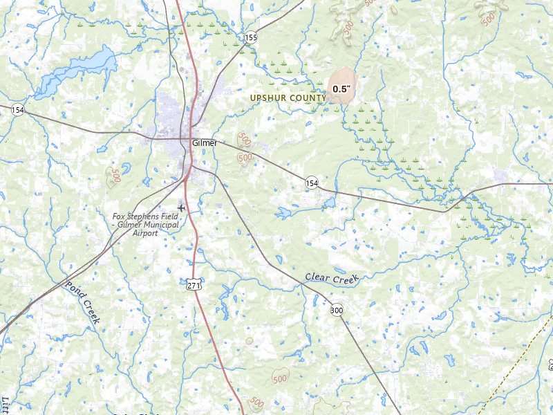 Radar-estimated hail-size map of the storm over Gilmer, TX on Aug 8, 2026