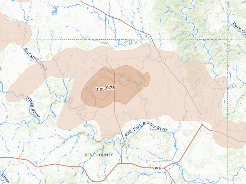 Radar-estimated hail-size map of the storm over Girard, TX on May 15, 2026