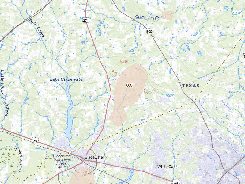 Radar-estimated hail-size map of the storm over Gladewater, TX on Mar 6, 2026