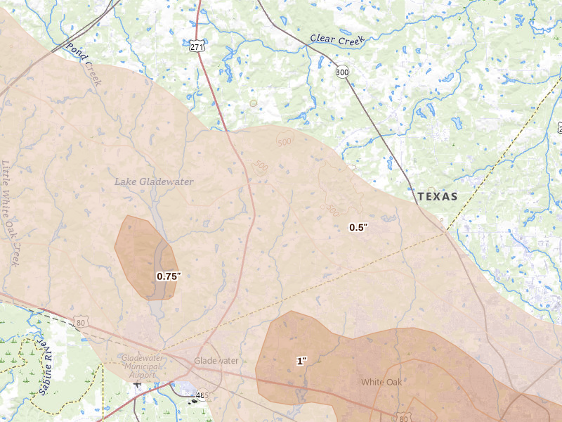 Radar-estimated hail-size map of the storm over Gladewater, TX on Mar 15, 2026