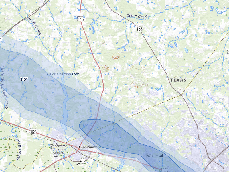 NEXRAD radar-signature map of the hail storm over Gladewater, TX on Mar 15, 2026