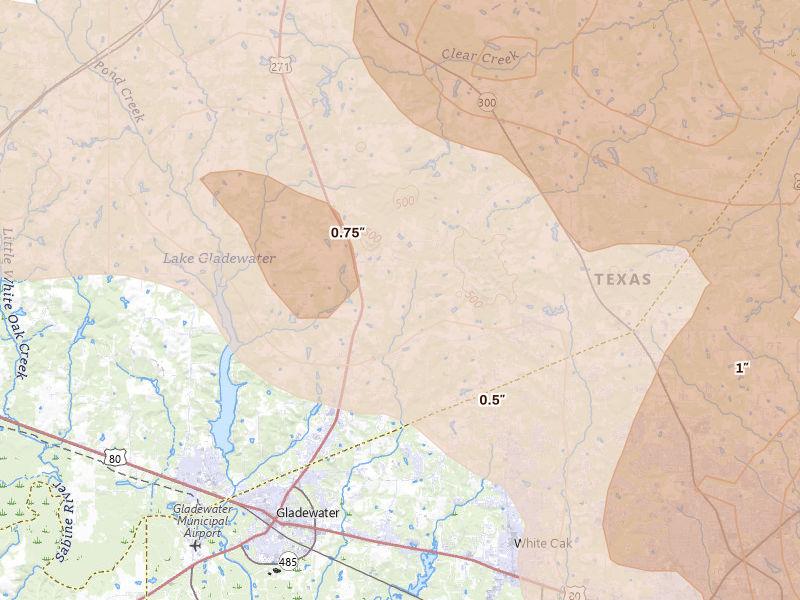 Radar-estimated hail-size map of the storm over Gladewater, TX on Apr 24, 2026