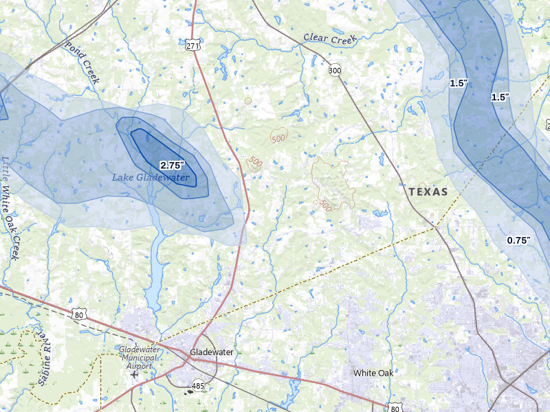 NEXRAD radar-signature map of the hail storm over Gladewater, TX on Apr 24, 2026