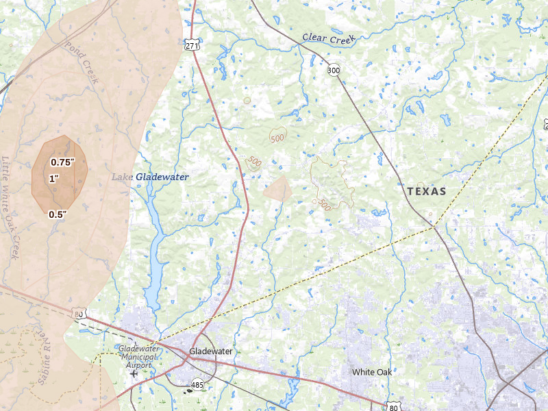 Radar-estimated hail-size map of the storm over Gladewater, TX on May 22, 2026