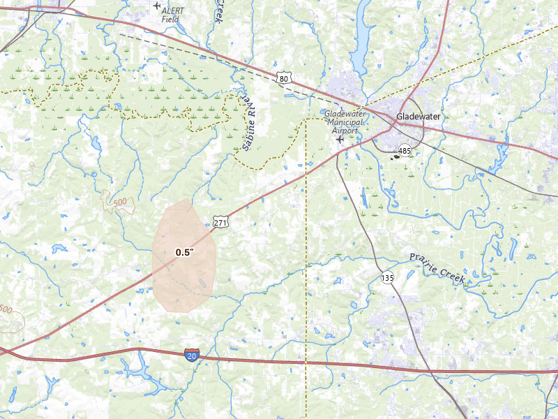 Radar-estimated hail-size map of the storm over Gladewater, TX on Aug 7, 2026