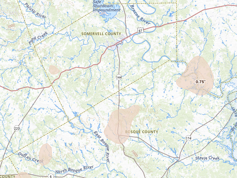 Radar-estimated hail-size map of the storm over Glen Rose, TX