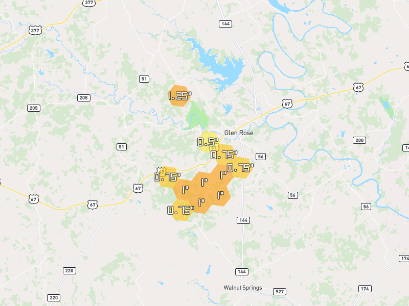 Hail map of Glen Rose, TX on Jun 7, 2026, hail up to 1.25"
