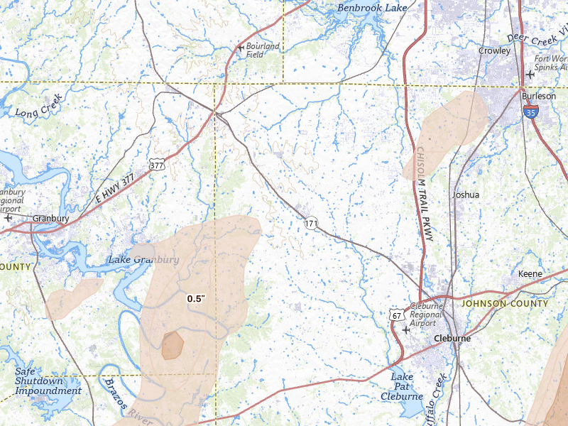 Radar-estimated hail-size map of the storm over Godley, TX on Mar 4, 2026