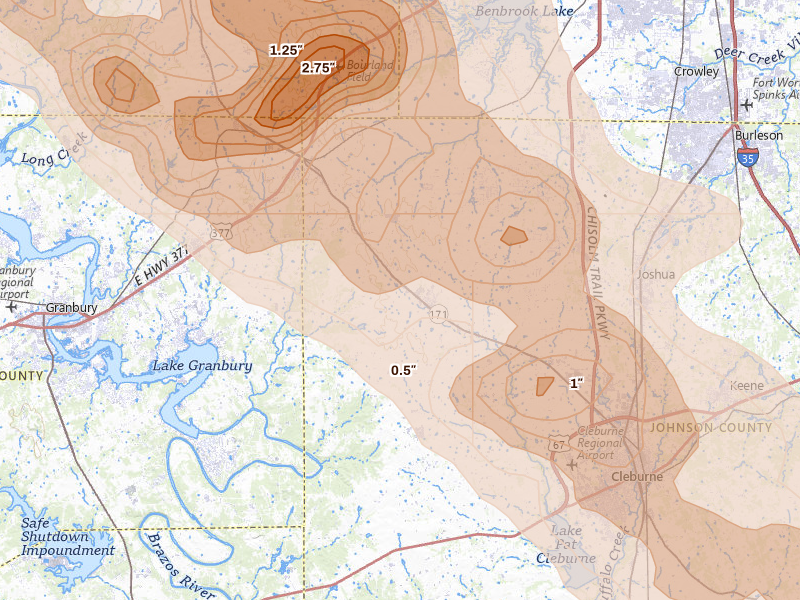 Radar-estimated hail-size map of the storm over Godley, TX on Apr 28, 2026