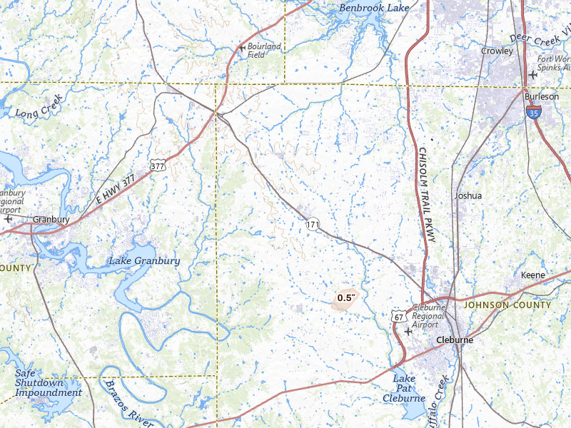 Radar-estimated hail-size map of the storm over Godley, TX on Apr 29, 2026