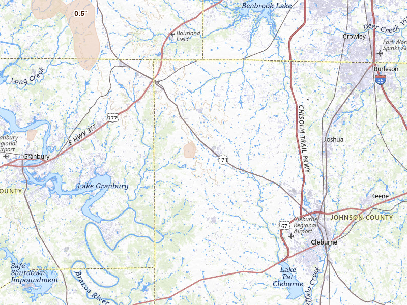 Radar-estimated hail-size map of the storm over Godley, TX on May 24, 2026