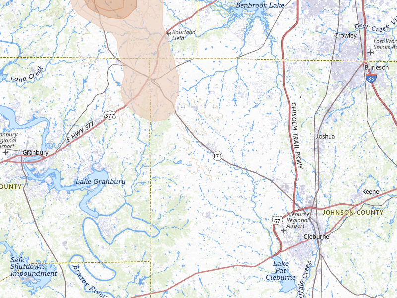 Radar-estimated hail-size map of the storm over Godley, TX on May 28, 2026