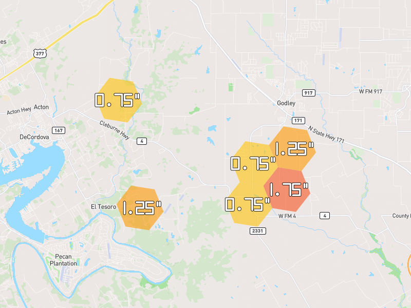 Hail map of Godley, TX on Jun 2, 2026, hail up to 1.75"