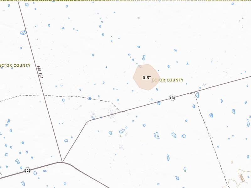 Radar-estimated hail-size map of the storm over Goldsmith, TX on Jul 16, 2026