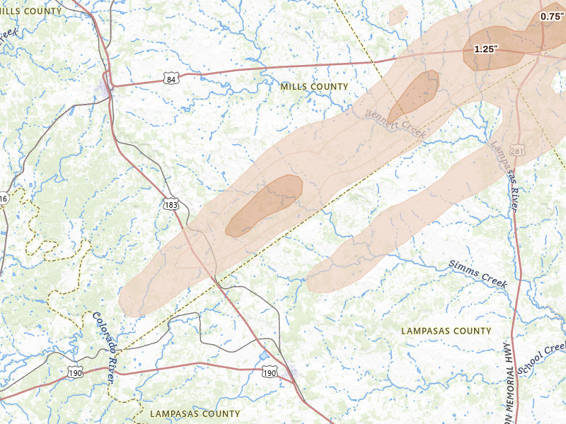 Radar-estimated hail-size map of the storm over Goldthwaite, TX on Jan 9, 2026