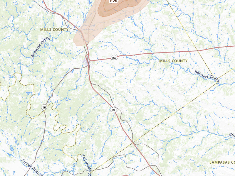 Radar-estimated hail-size map of the storm over Goldthwaite, TX on Mar 4, 2026