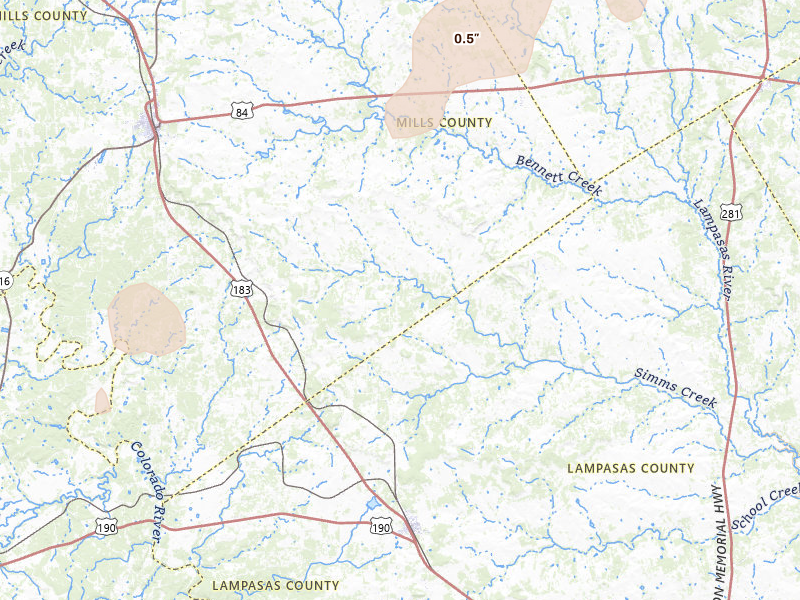 Radar-estimated hail-size map of the storm over Goldthwaite, TX on Mar 10, 2026