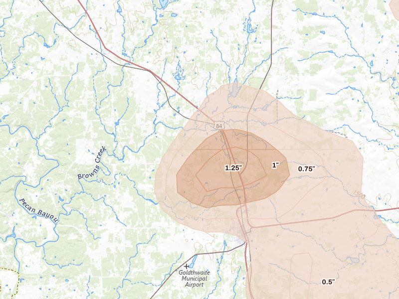 Radar-estimated hail-size map of the storm over Goldthwaite, TX on May 10, 2026