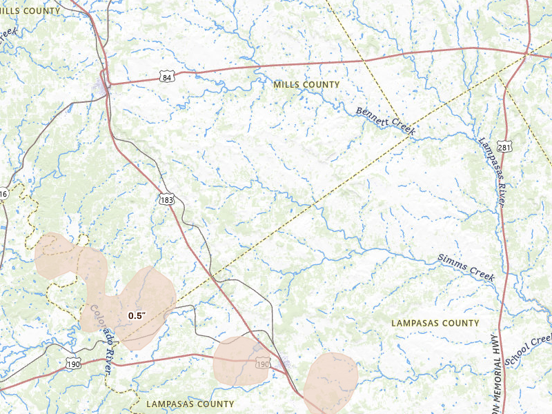 Radar-estimated hail-size map of the storm over Goldthwaite, TX on May 22, 2026